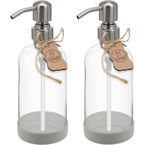 Kal-Distributeur De Savon Liquide 'sarajevo' En Verre Transparente Avec Sous-Verre En Silicone - 2 Pièces Bouteille De 500 Ml Avec Pompe En Acier Inox Argent Brossé