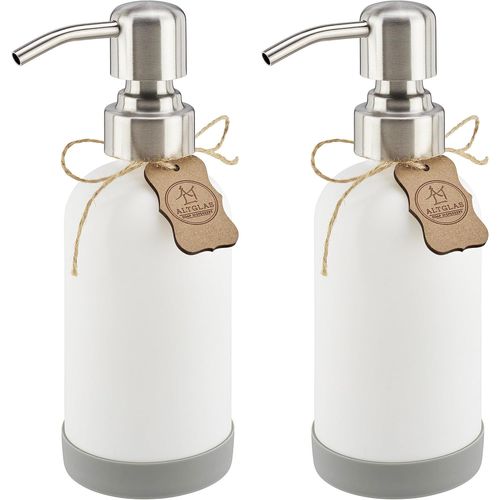 Kal-Distributeur De Savon Liquide 'sarajevo' En Verre Blanche Avec Sous-Verre En Silicone - 2 Pièces Bouteille De 250 Ml Avec Pompe En Acier Inox Argent Brossé