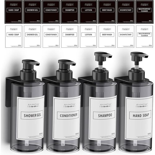 KAL-Distributeur De Savon Mural 500Ml, 4 Pièces Distributeur Savon Douche Avec Étiquettes No Perçage Pour Cuisine Et Salle De Bains - Gris
