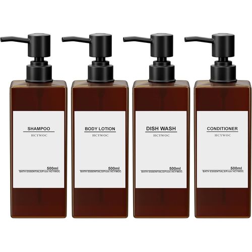 KAL-Lot De 4 Bouteilles De Shampoing À Remplir - 500 Ml - Distributeur De Savon Pour Douche - Distributeur De Savon Ambre Avec 32 Étiquettes Étanches Et Entonnoir - Distributeur De Pompe En Plastique