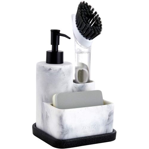 KAL-Distributeur Liquide Vaisselle Avec Porte-Éponge Et Brosses, Savon Cuisine, Buse Alliage Zinc, Plateau Amovible, Rangement Complet Pour Éponges Et Accessoires, Porte Savon Pratique, Blanc