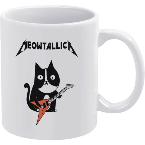 Chat Joue De La Guitare Metallica Tasse Blanche Tasse À Café En Céramique Grande Capacité Facile À Nettoyer Adaptée À Un Usage Domestique Et De Bureau 330 Ml