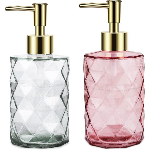 KAL-Distributeur Savon Verre Lot De 2, 350 Ml Distributeur Liquide Vaisselle Distributeur Lessive Liquide Flacon Pompe Verre Rechargeable Pour Comptoir De Salle De Bain, Cuisine, Buanderie