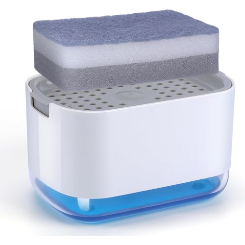 KAL-Distributeur Liquide Vaisselle, Distributeur Savon Cuisine 2 En 1 Distributeur De Savon, 300Ml Distributeur Liquide Vaisselle Porte Eponge Et Éponge Pour Évier De Cuisine Bains