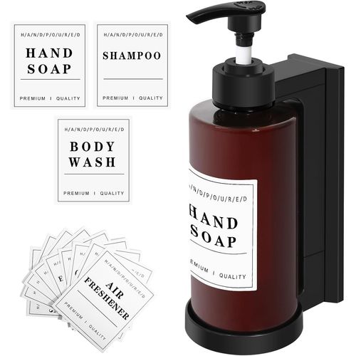 KAL-Distributeur De Savon Mural, 300Ml Distributeur Shampoing Et Gel Douche, Distributeur Savon Salle De Bain Avec Étiquettes, Rechargeable Distributeur Savon Liquide Pour Bains, Cuisine, Hôtel, Toil