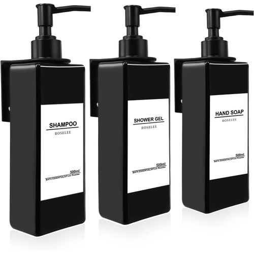 KAL-3 Pièces Distributeur De Savon Mural, Distributeur Savon Douche Noir, 500Ml Flacon Pompe Vide No Perçage Avec Étiquettes Pour Cuisine Et Salle De Bain