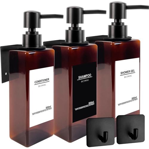 KAL-3 Pièces Distributeur Savon Mural Sans Percage, Distributeur De Savon Mural Avec 32 Étiquettes Imperméables, 500Ml Distributeur Gel Douche Mural, Distributeur Savon Salle De Bain, Ambre Noir