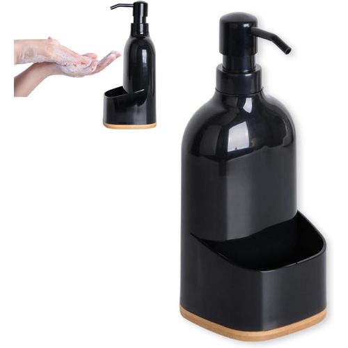 KAL-Distributeur De Liquide Vaisselle Avec Porte-Éponge Pour Cuisine - Distributeur De Savon Liquide Pour Les Mains - Porte Savon Cuisine En Plastique - Noir - 9.5X9.5X22 Cm