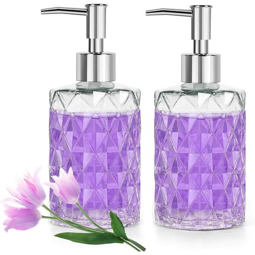 KAL-Distributeur Savon Verre Lot De 2, Flacon Pompe En Verre 330Ml, Distributeur Liquide Vaisselle Cuisine, Distributeurs De Savon Et De Lotion, Salle De Bain Pour Lotion Gel Douche, Liquide, Shampoi