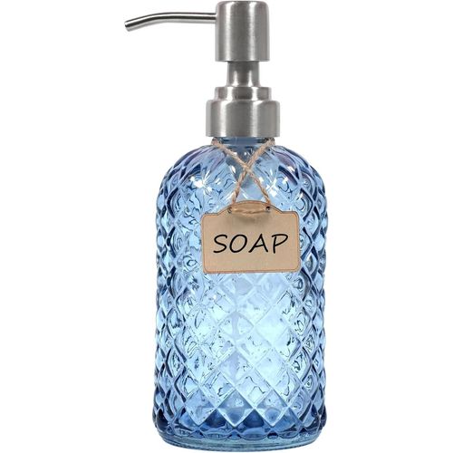 KAL-Distributeur De Savon En Verre Pour Salle De Bain Et Cuisine Avec Pompe En Acier Inoxydable 304 (Bleu)