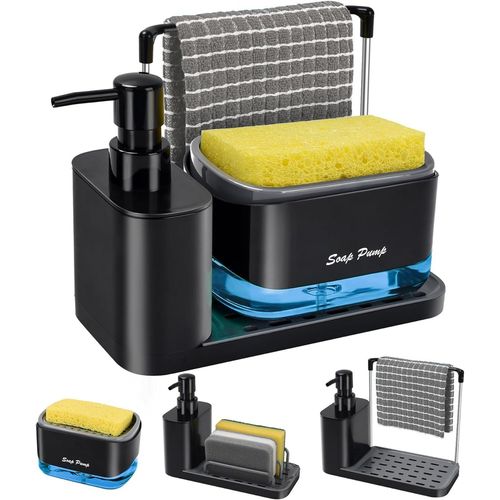 KAL-Distributeur Liquide Vaisselle Noir, 4 En 1, Distributeur Savon Cuisine, Porte-Éponge De Qualité Supérieure