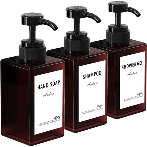 KAL-3Pcs Distributeur De Savon Douche 450Ml, Petg Rechargeable Flacon Pompe Vide Avec 16 Étiquettes Pour Cuisine Et Salle De Bain - Brun