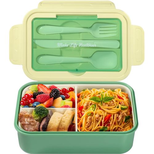 Kal-Boîte À Déjeuner Avec Couverts Pour Adultes Et Enfants - 1400 Ml - Avec Compartiments Pour Micro-Ondes, Lave-Vaisselle, École, Pique-Nique, Travail - Vert