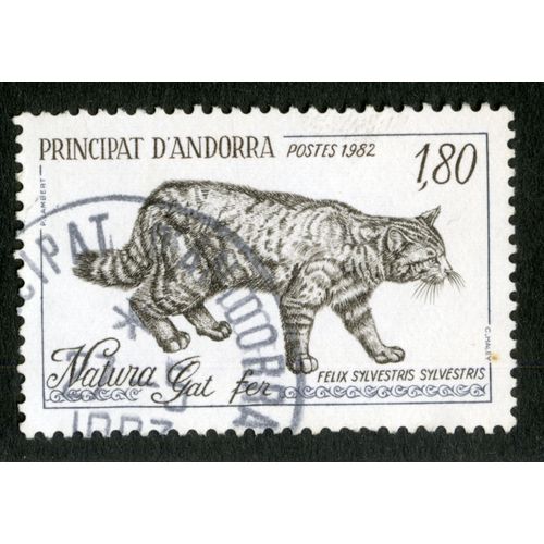 Timbre Oblitéré Principat D'andorra, Natura, Gat Fer, Felix Sylvestris Sylvestris, Postes 1982, 1.80