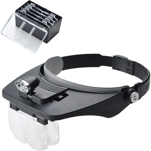 KAL-Loupe Bandeau Avec 2 Lumières Led, Casque Mains Libres Monté Sur La Tête Avec 4 Lentilles Amovibles Pour La Lecture, La Réparation Électronique, Les Bijoux, La Couture, Les Travaux Manuels