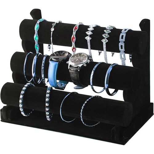 Kal-Présentoir À Bracelets En Velours Noir - Présentoir À Bijoux Avec 3 Étages Amovibles - Porte Bracelet Pour Montres Bracelets Colliers Noir