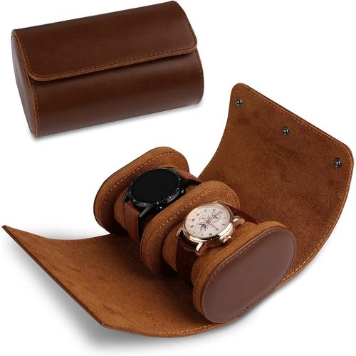 Kal-Boîte À Montres Portable En Cuir, Boîte De Montres De Voyage, Présentoir Coffret Montres Classique, Boîte De Rangement Pour Montres Avec 2 Slots Etui À Montres Homme Femme Cadeau - Marron