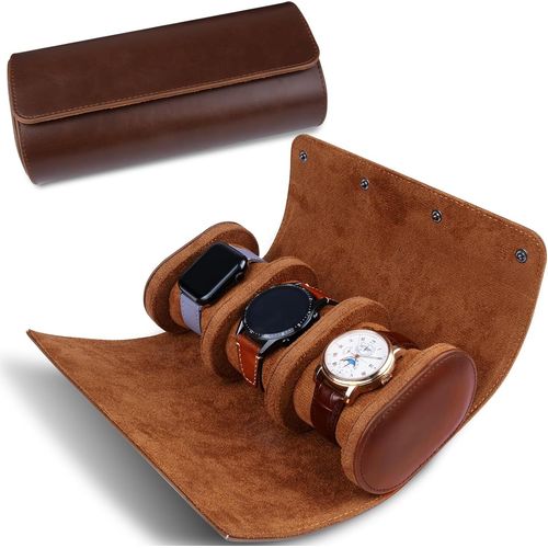 Kal-Boîte À Montres Portable En Cuir, Boîte De Montres De Voyage, Présentoir Coffret Montres Classique, Boîte De Rangement Pour Montres Avec 3 Slots Etui À Montres Homme Femme Cadeau - Marron