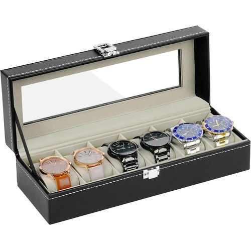 Kal-Boîte À Montres À 6 Emplacements, Coffret À Montre En Pu, Écrin À Montre Avec Couvercle En Verre, Amovibles Coussinets Boîte De Rangement Pour Montres Bijoux Femme Homme, Noir