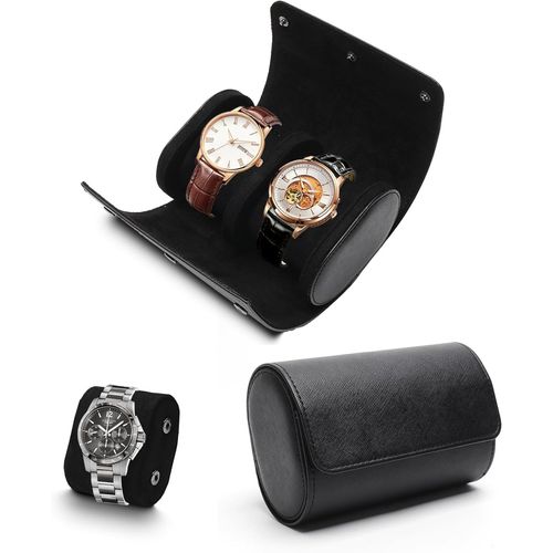 Kal-2 Fentes Boîte À Montres En Cuir Rouleau De Rangement Pour Montre Affichage Portable Etui À Montres Homme Femme Support Amovible Pour Coffret Bijoux Bracelets Cadeau Noël Anniversaire (Noir)