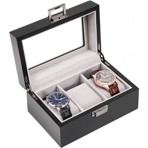 Kal-Boite À Montre En Bois Antichoc, Coffret Montre Homme Avec 3 Emplacements Coussins Montre, Rangement Montre Avec Couvercle En Verre, Pour Passionné D`Horlogerie -Noir