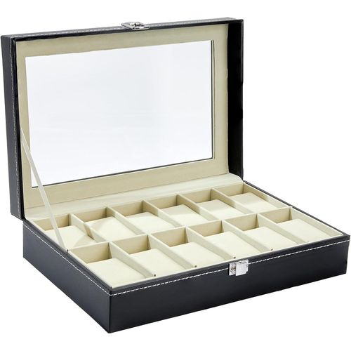 Kal-Boîte À Montres À 12 Emplacements, Coffret À Montres Avec Couvercle En Verre Et Coussins Amovibles En Velours, Boite A Montre Homme, Cadeau Pour Anniversaire Fête Des Pères Noël