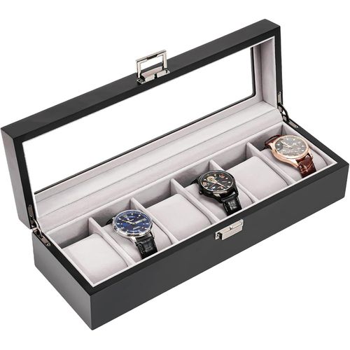 Kal-Boite À Montre En Bois Antichoc, Coffret Montre Homme Avec 6 Emplacements Coussins Montre, Rangement Montre Avec Couvercle En Verre, Pour Passionné D`Horlogerie -Noir