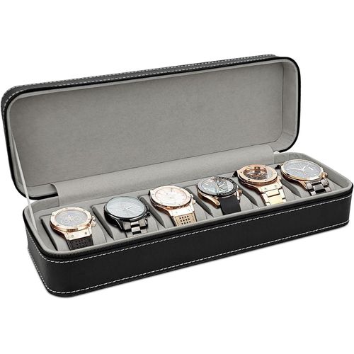 Kal-Boîte À Montres À 6 Fentes, Rangement Pour Montres En Cuir Pu Coffret À Montres Avec Fermeture À Glissière, Boite Montre Pour Hommes Et Femmes (Noir)