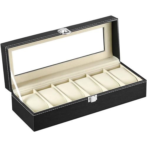 Kal-Boîte À Montres Pour 6 Montres, Avec Fenêtre En Verre, Rangement En Cuir Synthétique Et Velours, Pour Montres Et Bijoux, Noir 04b-Dgw