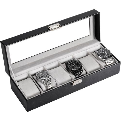 Kal-Boite À Montre Antichoc, Coffret Montre Homme Avec 6 Emplacements Coussins Montre, Rangement Montre Avec Couvercle En Verre, Pour Passionné D`Horlogerie -Noir