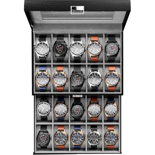 Kal-Boite À Montre Antichoc, Coffret Montre Homme Avec 20 Emplacements Coussins Montre, Rangement Montre Avec Couvercle En Verre, Pour Passionné D`Horlogerie -Noir