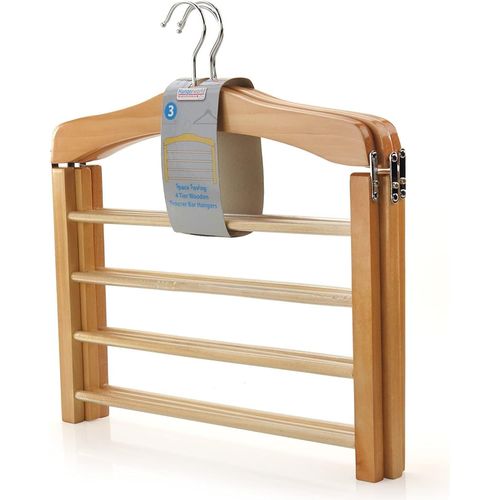 KGABERY-Lot De 3 Cintres En Bois Pour Pantalons¿Organiseur De Vêtements Multifonction À 4 Niveaux Avec Barres Antidérapantes