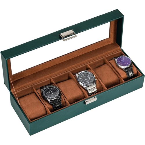 Kal-Boite À Montre Antichoc, Coffret Montre Homme Avec 6 Emplacements Coussins Montre, Rangement Montre Avec Couvercle En Verre, Pour Passionné D`Horlogerie -Vert