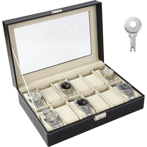 Kal-Boîte À Montres À 12 Emplacements, Coffret À Montres,Boîte De Montre Avec Couvercle En Verre, En Velours, Adapté Pour Stocker Des Montres, Des Bijoux, Etc, Les Meilleurs Cadeaux Pour Hommes