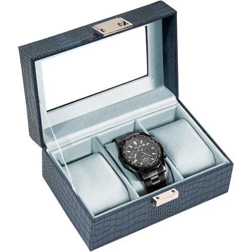 Kal-Boite À Montre Antichoc, Coffret Montre Homme Avec 3 Emplacements Coussins Montre, Rangement Montre Avec Couvercle En Verre, Pour Passionné D`Horlogerie -Bleu