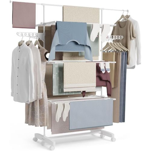KGABERY-NewluxSechoir À Linge Avec 5 Étages Doubles.Etendoir Linge Interieur Pliable Avec Roues Et Support Pour Cintres Et Vêtements Longs.18-21 Mètres D¿Étendage,Blanc