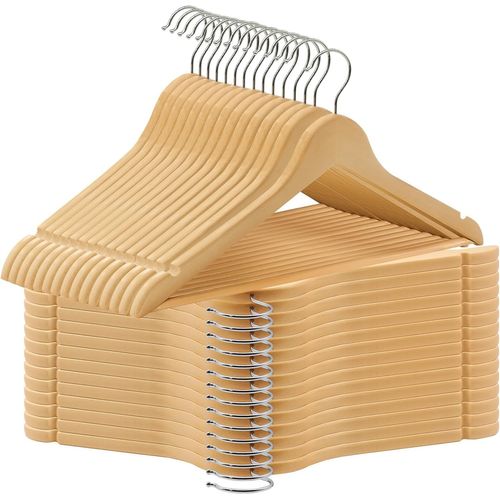 KGABERY-Lot De 30 Cintres En Bois,Robustes Et Lisses,Cintre En Bois Pour Votre Armoire,Crochet Pivotant 360°,Découpes Au Niveau Des Épaules,Antidérapantes,Naturel,Awy0330N