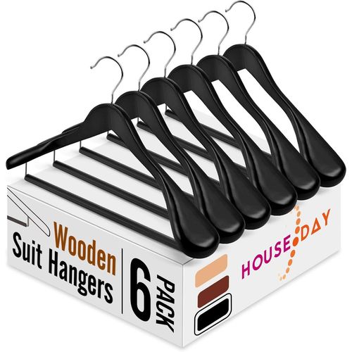 KGABERY-Lot De 6 Cintres En Bois Avec Barre Transversale Antidérapante À Roulettes,Cintres En Bois Extra Larges Pour Vêtements Avec Crochet Pivotant À 360°,Cintre Robuste Pour Veste,Vêtements
