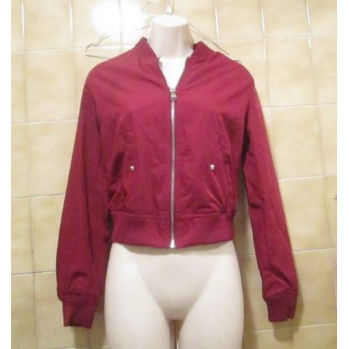 Blouson Rouge Bershka, Style Bombers Plat, Fermeture Eclair Argent, Poches, T. 34