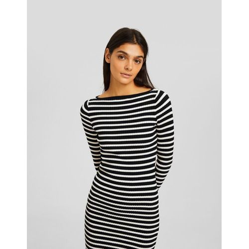  Robe Midi Maille Manches Longues Col Bateau Bord-Côte Femme M Noir