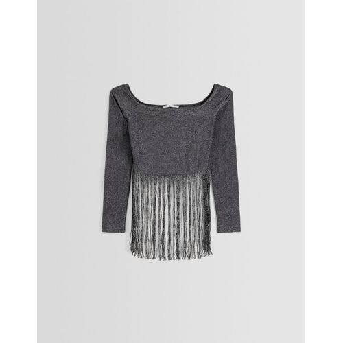  T-Shirt Manches Longues Bardot Brillants Franges Femme Xs Noir