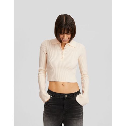  Pull Cropped Manches Longues Col Polo Boutons Femme M Écru