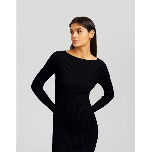  Robe Midi Manches Longues Maille Bord-Côte Femme M Noir