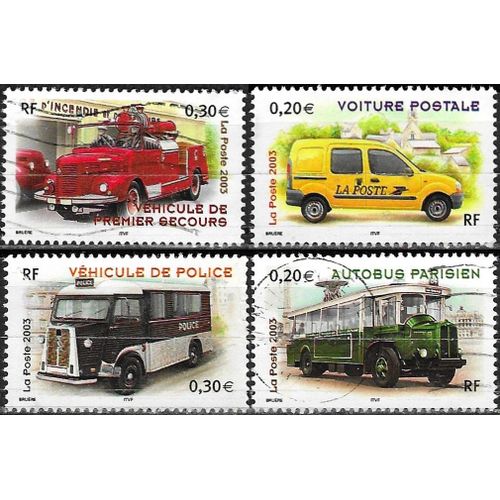 France 2003, Beaux Timbres Yvert 3612 3613 3616 3618, Collection Jeunesse, Utilitaires Et Grandes Échelles, Voiture Postale, Autobus Parisien, Véhicule De Police Et Véhicule De 1er Secours, Obli, Tbe.