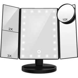 Kal-Miroir Coiffeuse Maquillage 10x/3x/2x Miroir Grossissant À Trois Volets Avec 21 Lumières Led, Miroir Maquillage Lumineux À Écran Tactile Miroirs Cosmétiques, Miroir Portable + Cadeau Femme