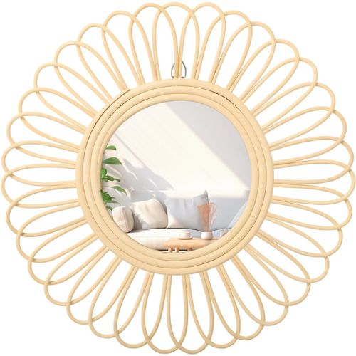 Kal-Miroir Mural Rond En Bois De Tournesol En Rotin, Décoration De Salle De Bain, Style Bohème, Miroir De Maquillage Pour Intérieur, Maison, Salon, Couloir, Grand, 40 X 40 Cm, Naturel 