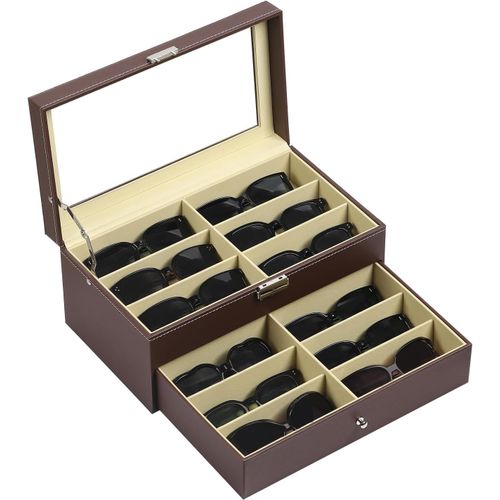 Kathlelxh-Boîte De Rangement En Cuir Avec Tiroir,Pour 12 Lunettes De Soleil,Verrouillable,Avec Dessus En Verre,Brun,Aw-129[H1008]