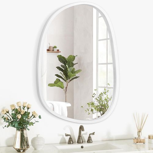 KAL-Cadre En Bois Irrégulier Ovale Miroir Mural Asymétrique Miroir Moderne Forme Unique Murale Vanité Art Miroir Chambre Salle De Bains Salon Hall D'Entrée Grand Blanc 65X45Cm