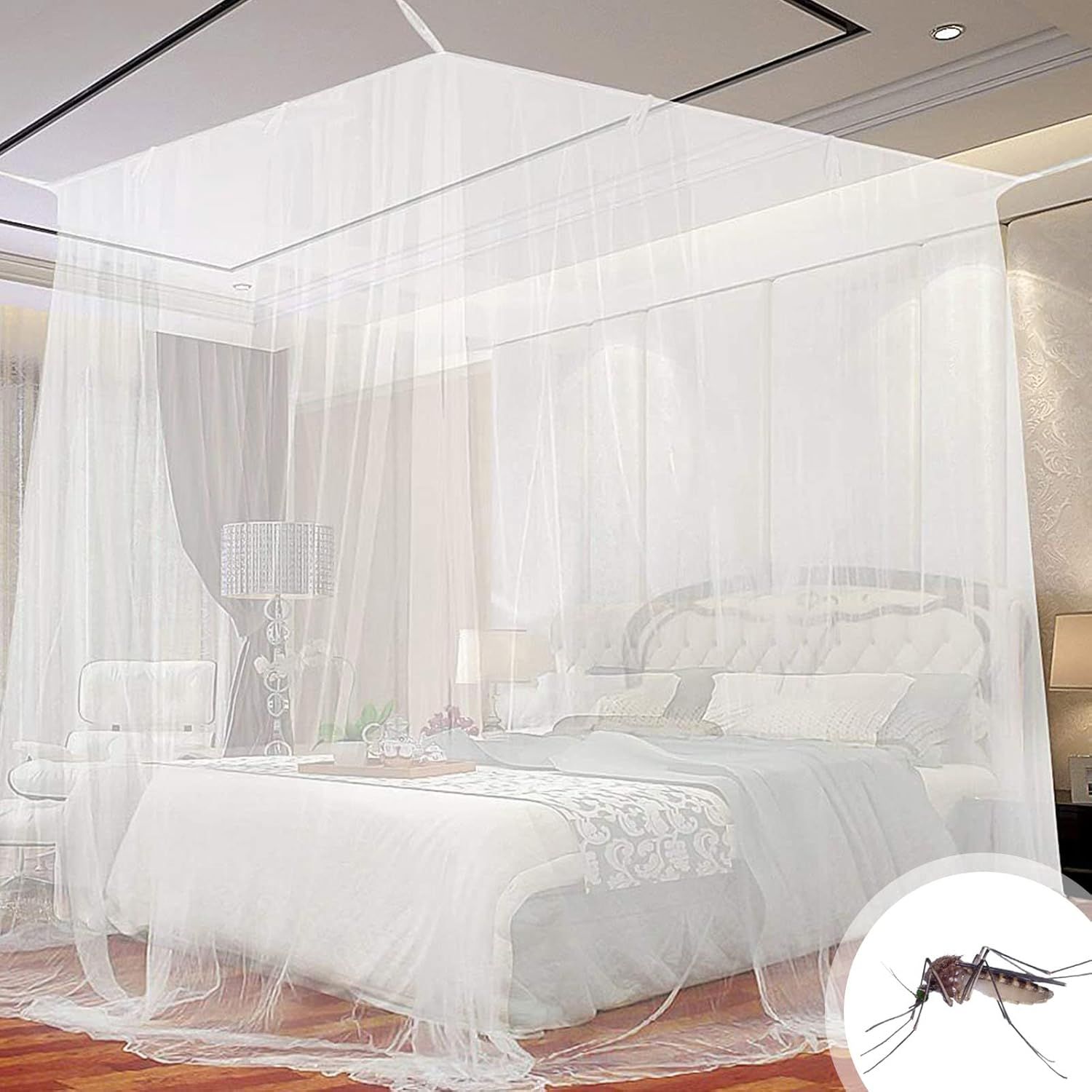 Kal-Moustiquaire De Lit Carrée, Baldaquin En Polyester Lits, Pour Double Et Simple Avec Outil D'installation, Se Protéger Efficacement Des Moustiques, Blanc (2 * 2 1.8cm)