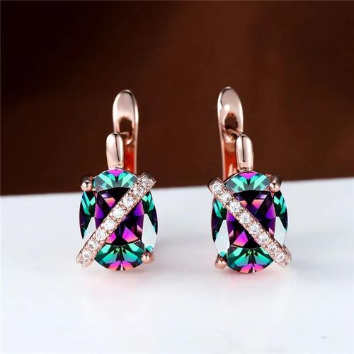 Rose Gold Rainbow - Boucles D'oreilles En Pierre Narpour Femmes,Boucles D'oreilles Créoles,Cristal De Luxe,Bleu,Violet,Or Rose,Argent,Document De Mariage,Mignon,Grand